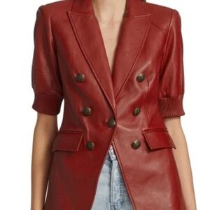 Veronica Beard Red Leather Double-Breasted Jacket